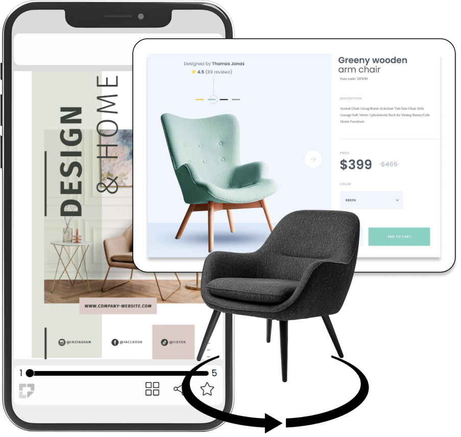 Smartphone affichant une brochure de présentation produit et une page de présentation avec un fauteuil 3D rotatif.