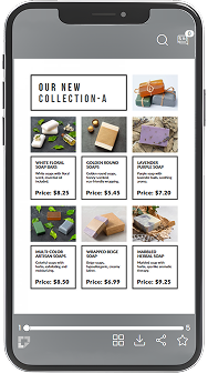 Écran de smartphone affichant un catalogue produit digital où les acheteurs peuvent ajouter des articles et demander des devis directement.