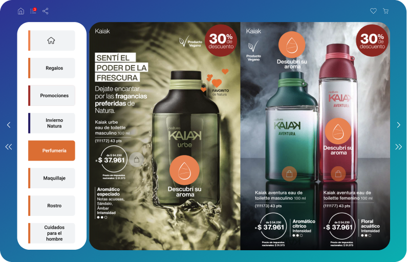 Catalogue numérique interactif sur écran d’ordinateur avec un effet réaliste de changement de page.