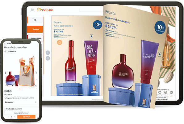 Écrans de mobile et de tablette affichant un catalogue numérique interactif à effet de feuilletage, illustrant le processus de création.