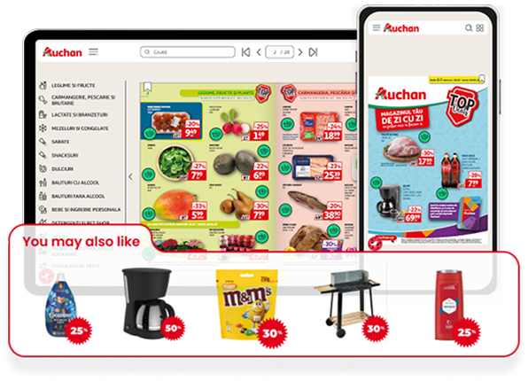 Catalogue numérique sur ordinateur et mobile, avec des suggestions de produits intelligentes pilotées par intelligence artificielle.