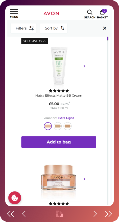 Application web de catalogue numérique optimisée pour mobile, affichant une grille de produits responsive.
