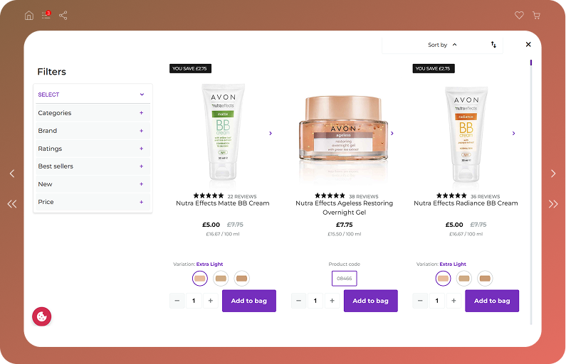Grille de produits d’un catalogue numérique sur tablette, affichant une liste de produits achetables.