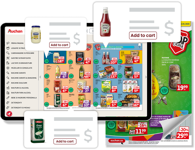 Brochure numérique sur tablette avec pop-ups produits et boutons d’achat — illustrant un flipbook interactif et achetable.